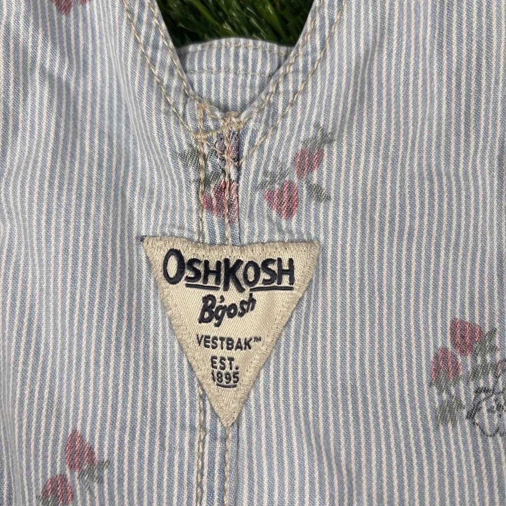 Vintage OshKosh B'gosh Vestbak Strawberries Striped Girls Overalls Sz 5T Pockets